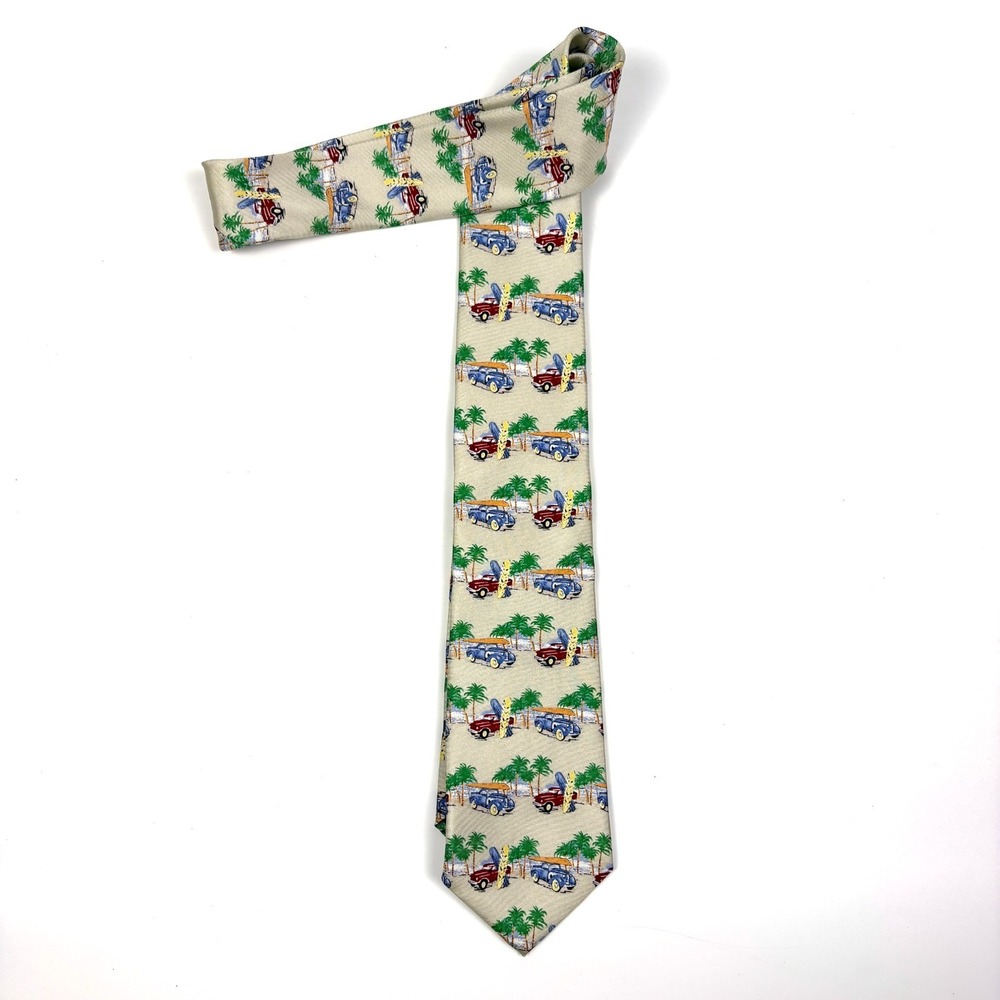 VTG Talbots Kids Silk Tie 90s/Y2K Beach Scene Woodie Wagon Beige Red Blue Classc